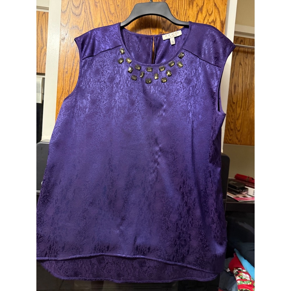Chaus New York Purple‎ Snakeskin Satin Jeweled Neck Sleeveless Blouse Large